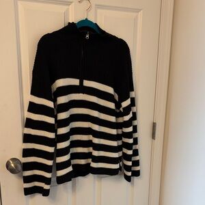 Black and White Striped Half-Zip Sweater